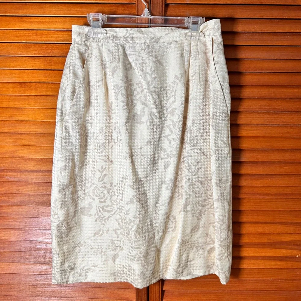 Vintage‎ Sanford for Narragansett 100% Silk Floral Houndstooth Skirt Cream 6